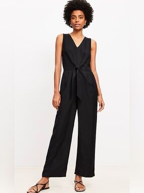 LOFT Black V-Neck Sleeveless Tie-Waist Jumpsuit